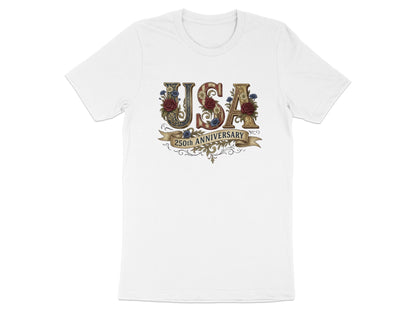 White t-shirt with "USA" in floral letters and "250th Anniversary" banner.