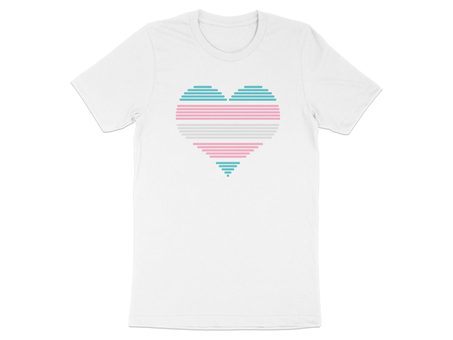 White t-shirt with a heart graphic in transgender flag colors.