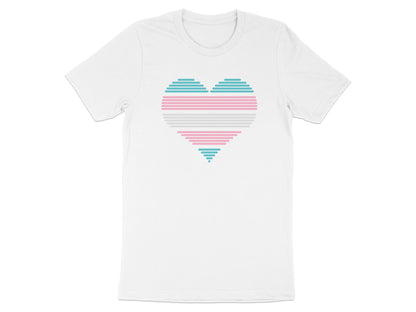 White t-shirt with a heart graphic in transgender flag colors.