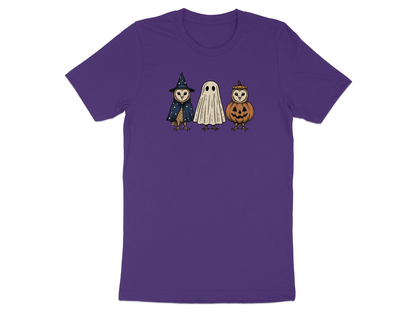 Three illustrated owls in Halloween costumes: witch, ghost, and jack-o'-lantern.