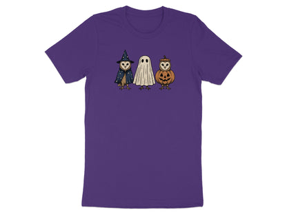 Three illustrated owls in Halloween costumes: witch, ghost, and jack-o'-lantern.