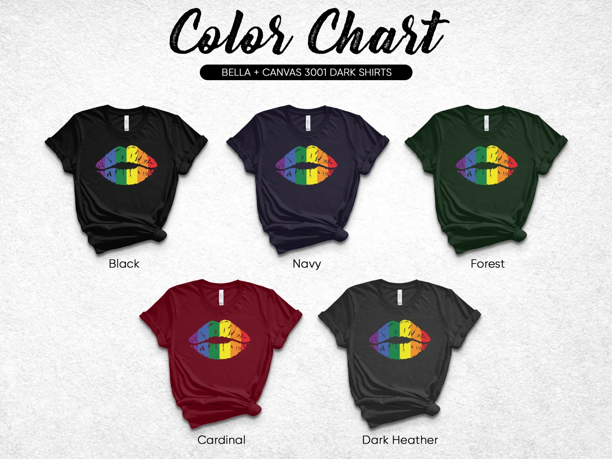 Color chart showing t-shirts in black, navy, forest, cardinal, and dark heather.
