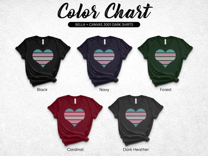 Color chart showing five t-shirts with striped heart graphic in different colors.