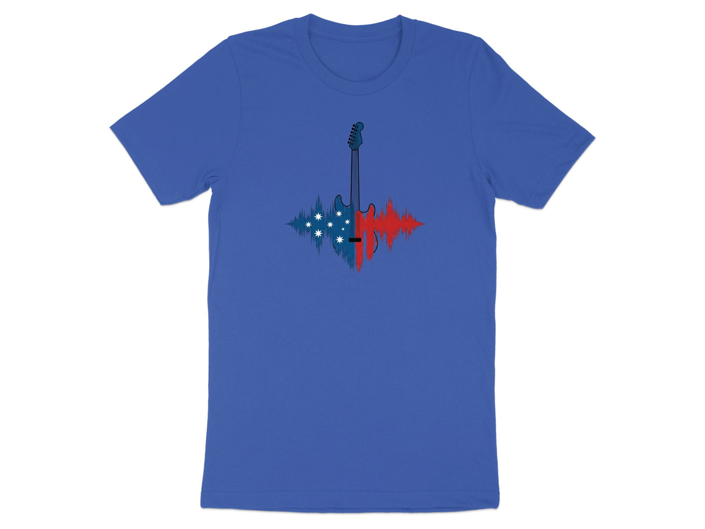 Blue t-shirt with abstract soundwave and guitar graphic.
