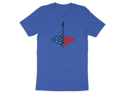 Blue t-shirt with abstract soundwave and guitar graphic.