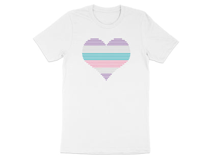 White t-shirt with a striped heart design in pastel colors.
