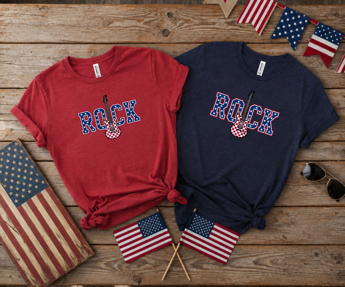 Two t-shirts, red and navy, with "ROCK" in checkered pattern and guitar graphic.