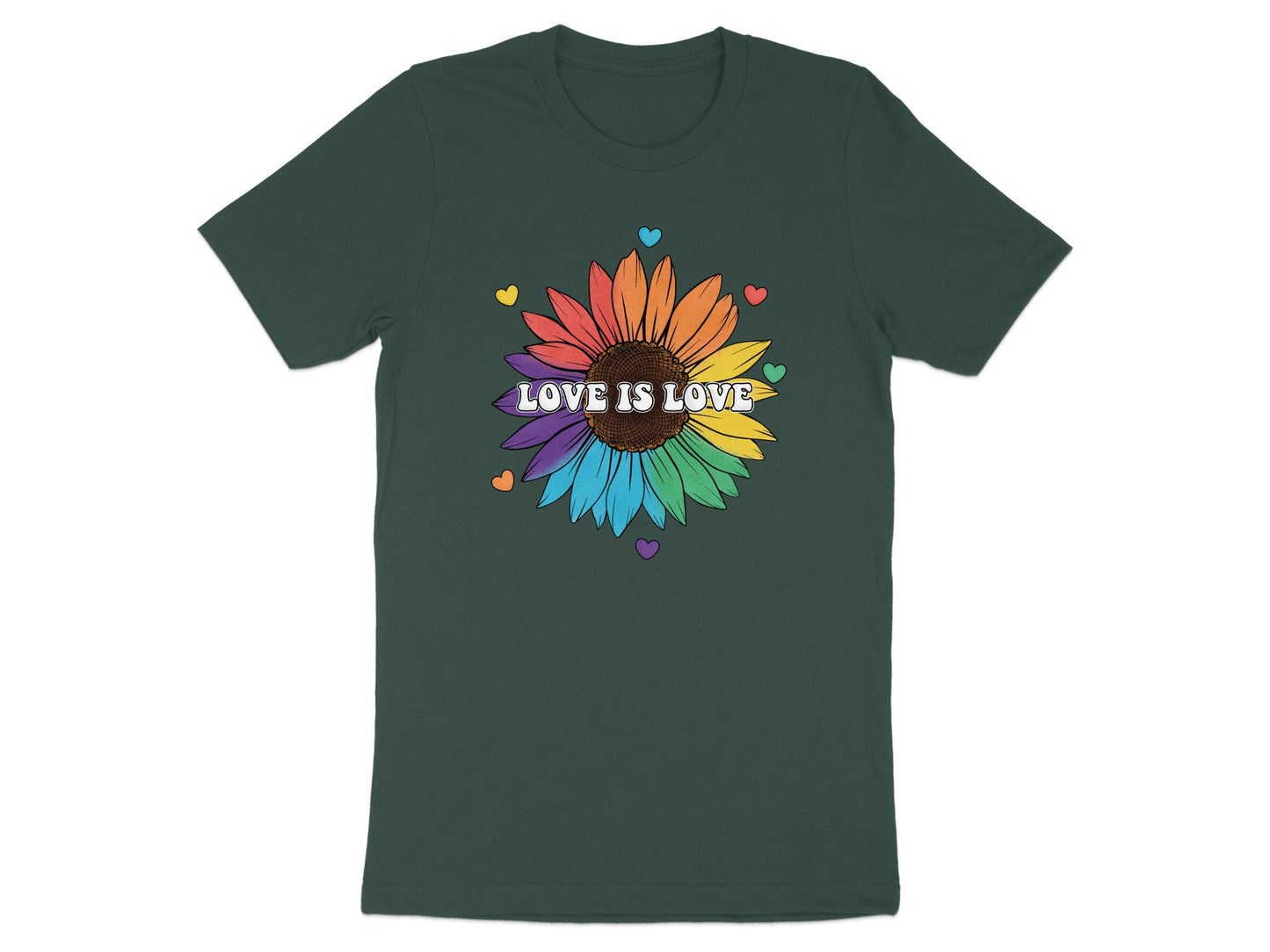 Dark green t-shirt with a rainbow sunflower design and "Love is Love" text.