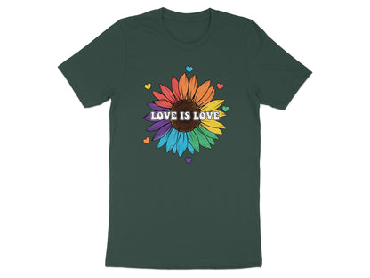 Dark green t-shirt with a rainbow sunflower design and "Love is Love" text.