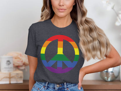 Dark gray t-shirt with a rainbow peace sign graphic.