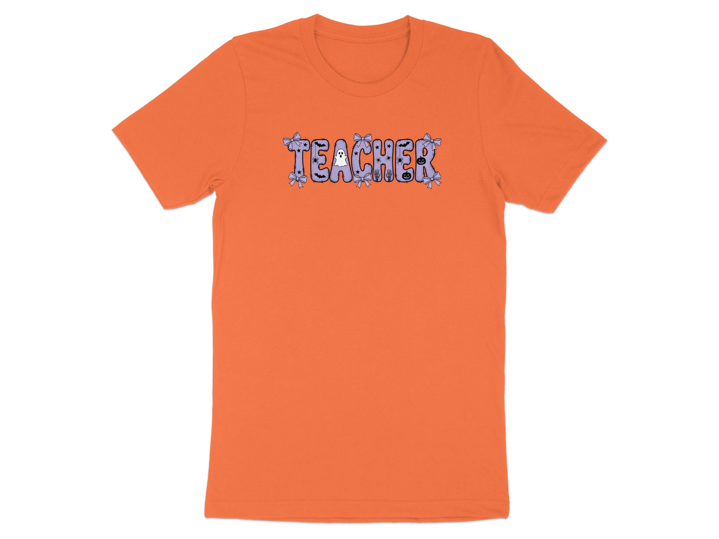 Orange t-shirt with "TEACHER" in purple with Halloween-themed graphics.