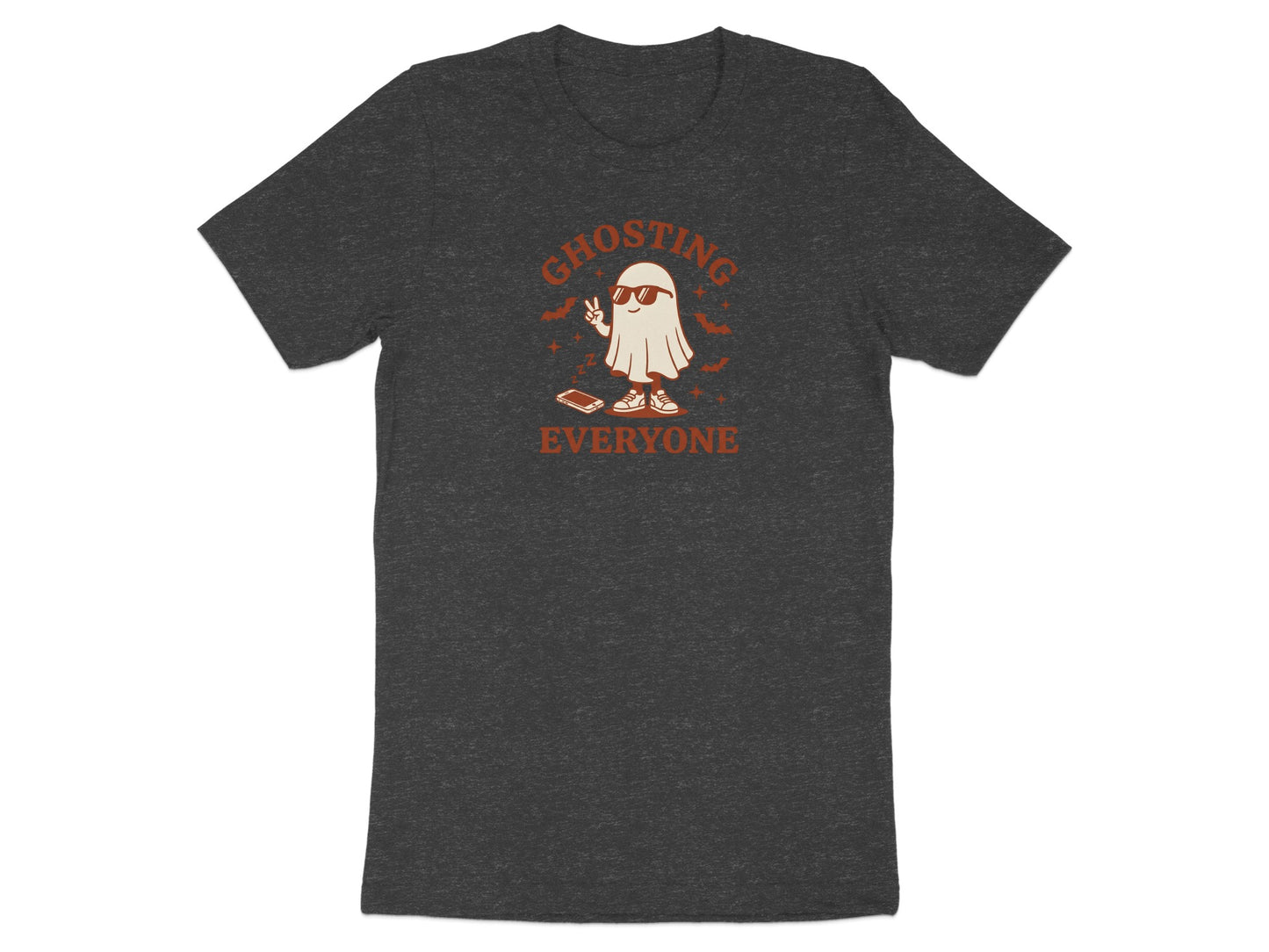 Dark grey t-shirt with a graphic of a ghost saying "GHOSTING EVERYONE".