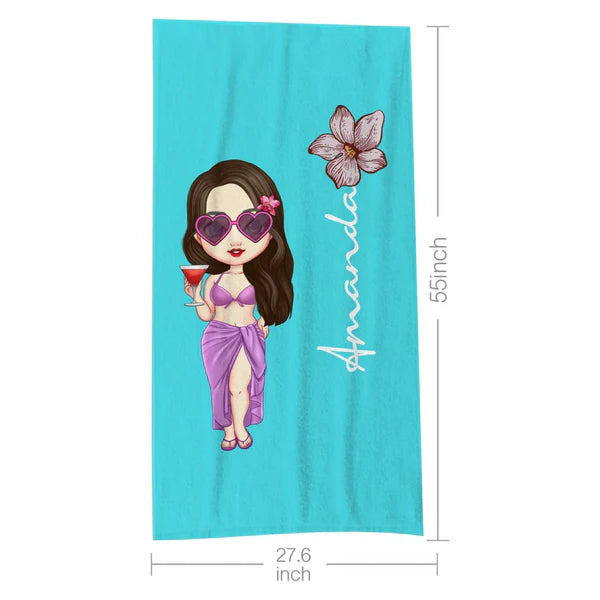 Custom Cartoon with Birth Flower Vacation Beach Towel