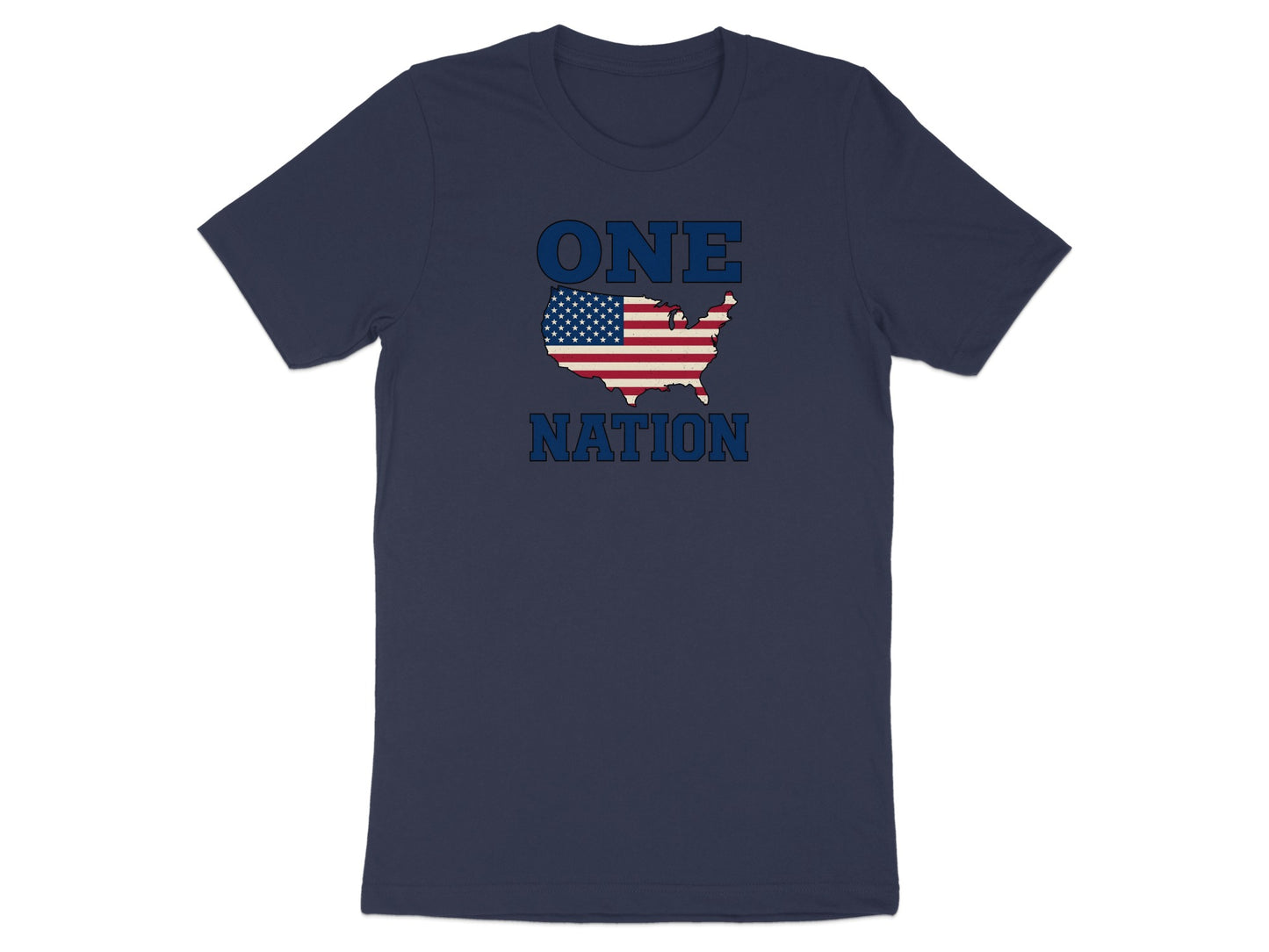 Navy t-shirt with "ONE NATION" text over the US flag.