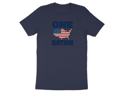 Navy t-shirt with "ONE NATION" text over the US flag.