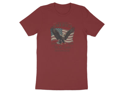 Red t-shirt with eagle, American flag, and "America 1776-2023 250th Anniversary We the People" text.