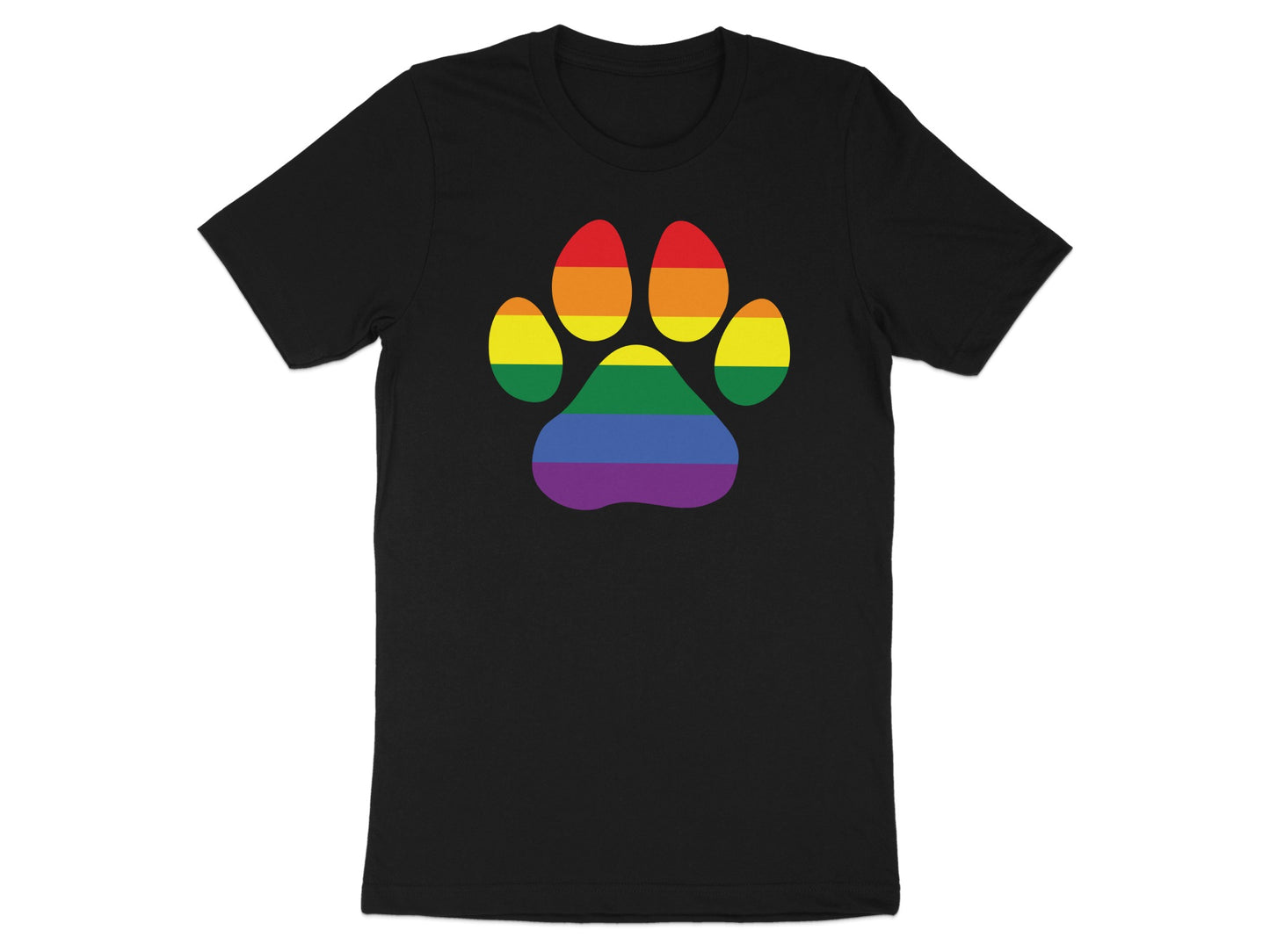 Black t-shirt with a rainbow paw print graphic.
