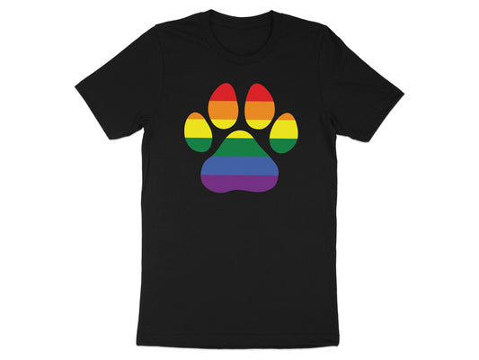 Black t-shirt with a rainbow paw print graphic.