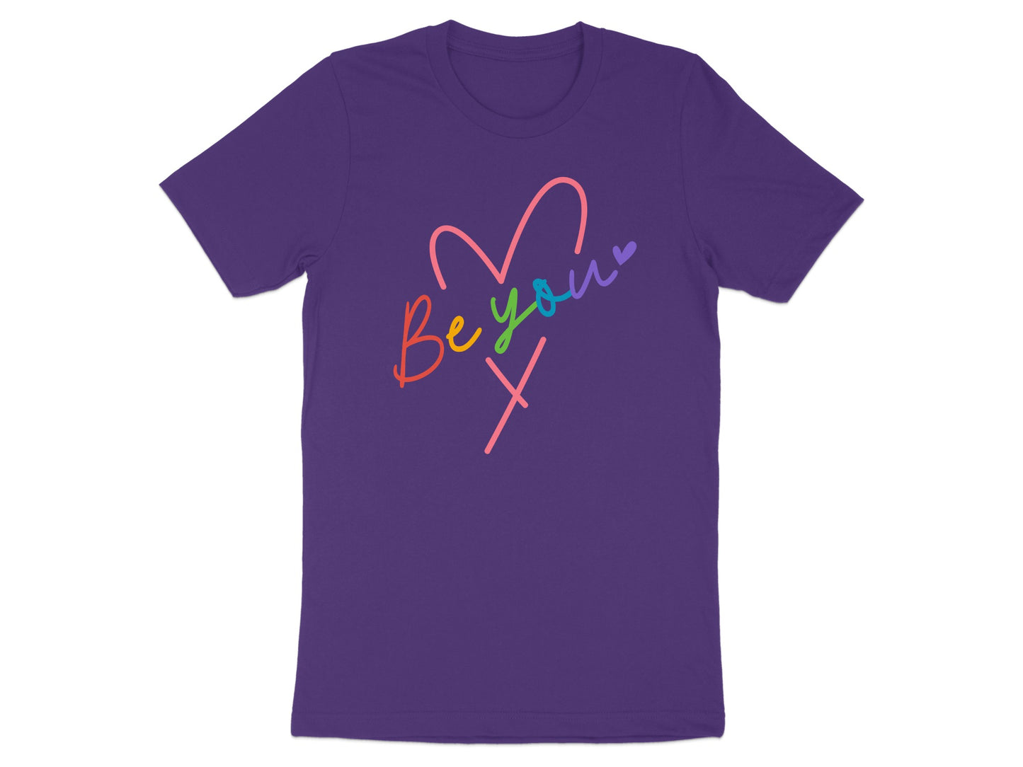 Purple t-shirt with "Be you" and a heart in colorful handwriting.