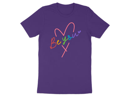 Purple t-shirt with "Be you" and a heart in colorful handwriting.