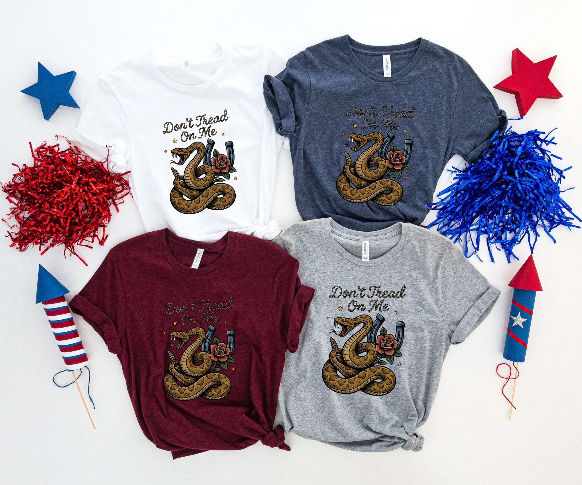 Four t-shirts with "Don't Tread On Me" and snake graphic.