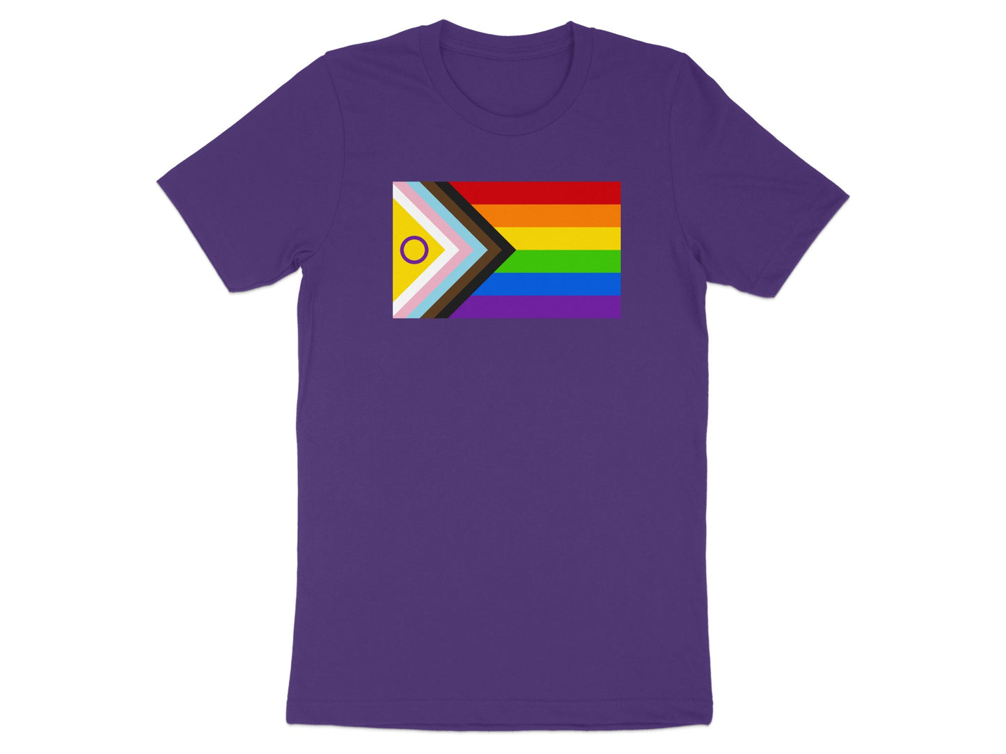Purple t-shirt with the progress pride flag printed on the chest.