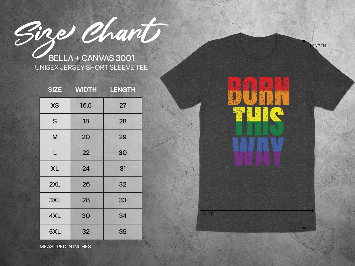 Size chart for Bella + Canvas 3001 unisex tee with measurements.