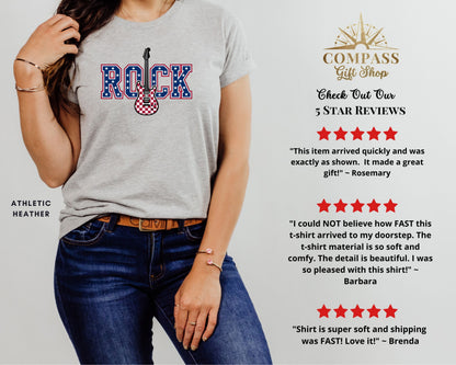Heather t-shirt with "ROCK" graphic and five-star review badges.