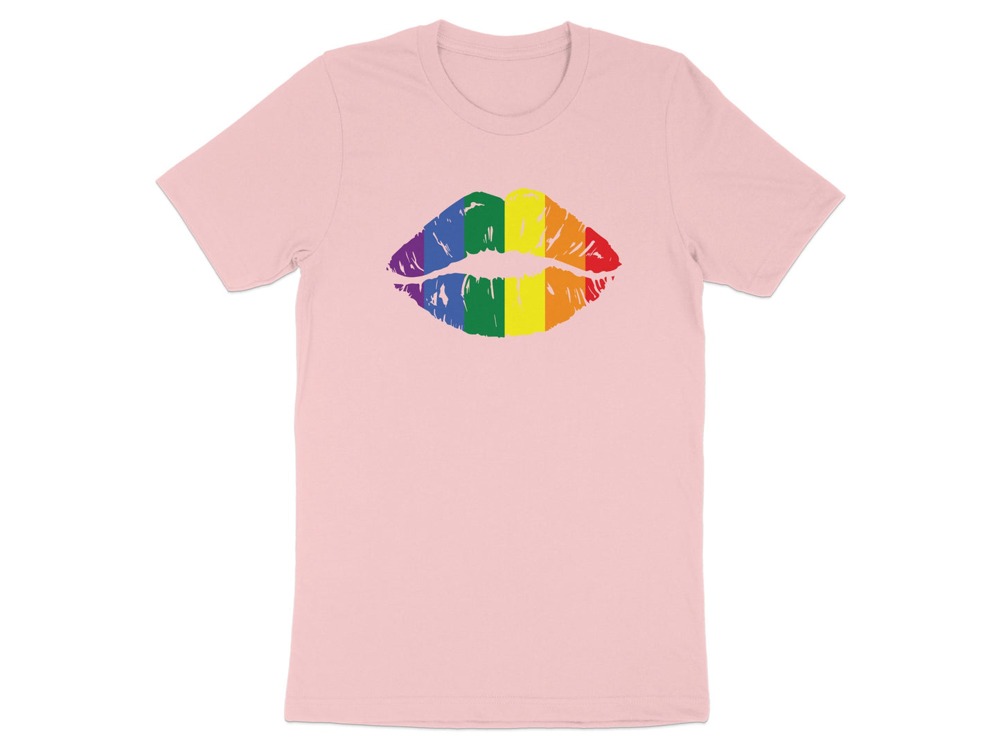 Pink t-shirt with rainbow-colored lips graphic.