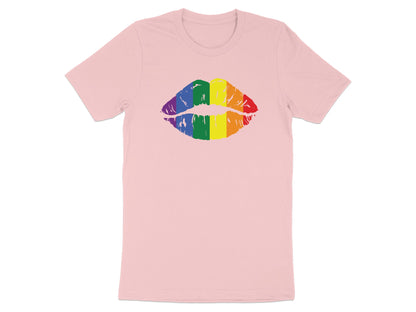 Pink t-shirt with rainbow-colored lips graphic.