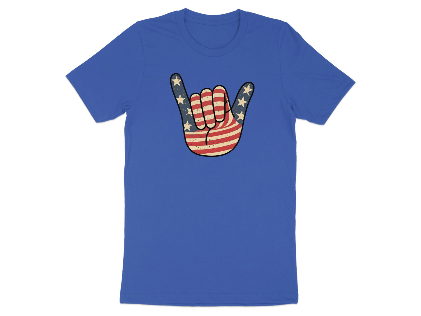 Blue t-shirt with a distressed American flag "rock on" hand gesture graphic.