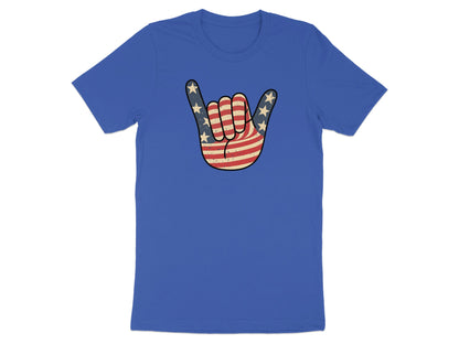 Blue t-shirt with a distressed American flag "rock on" hand gesture graphic.