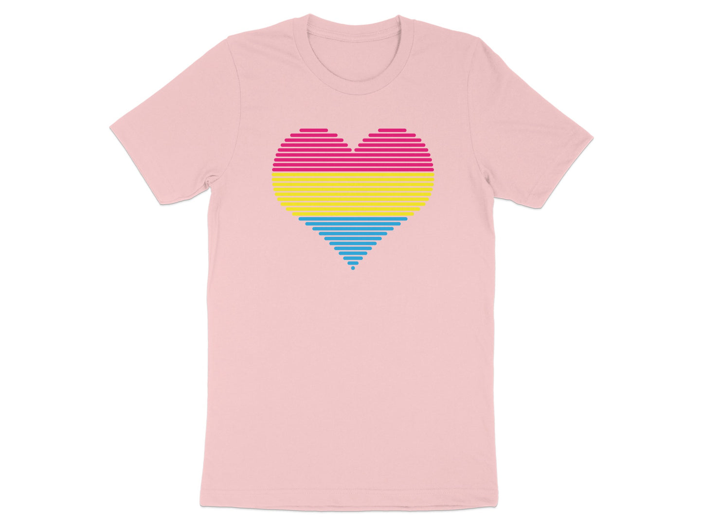 Pink t-shirt with a striped heart in pink, yellow, and blue.