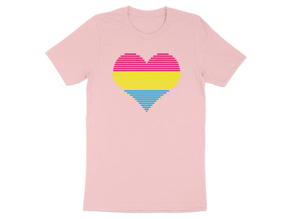 Pink t-shirt with a striped heart in pink, yellow, and blue.