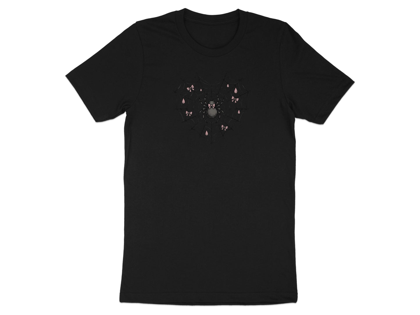 Black t-shirt with heart-shaped spider web, a spider, and pink bows and droplets.