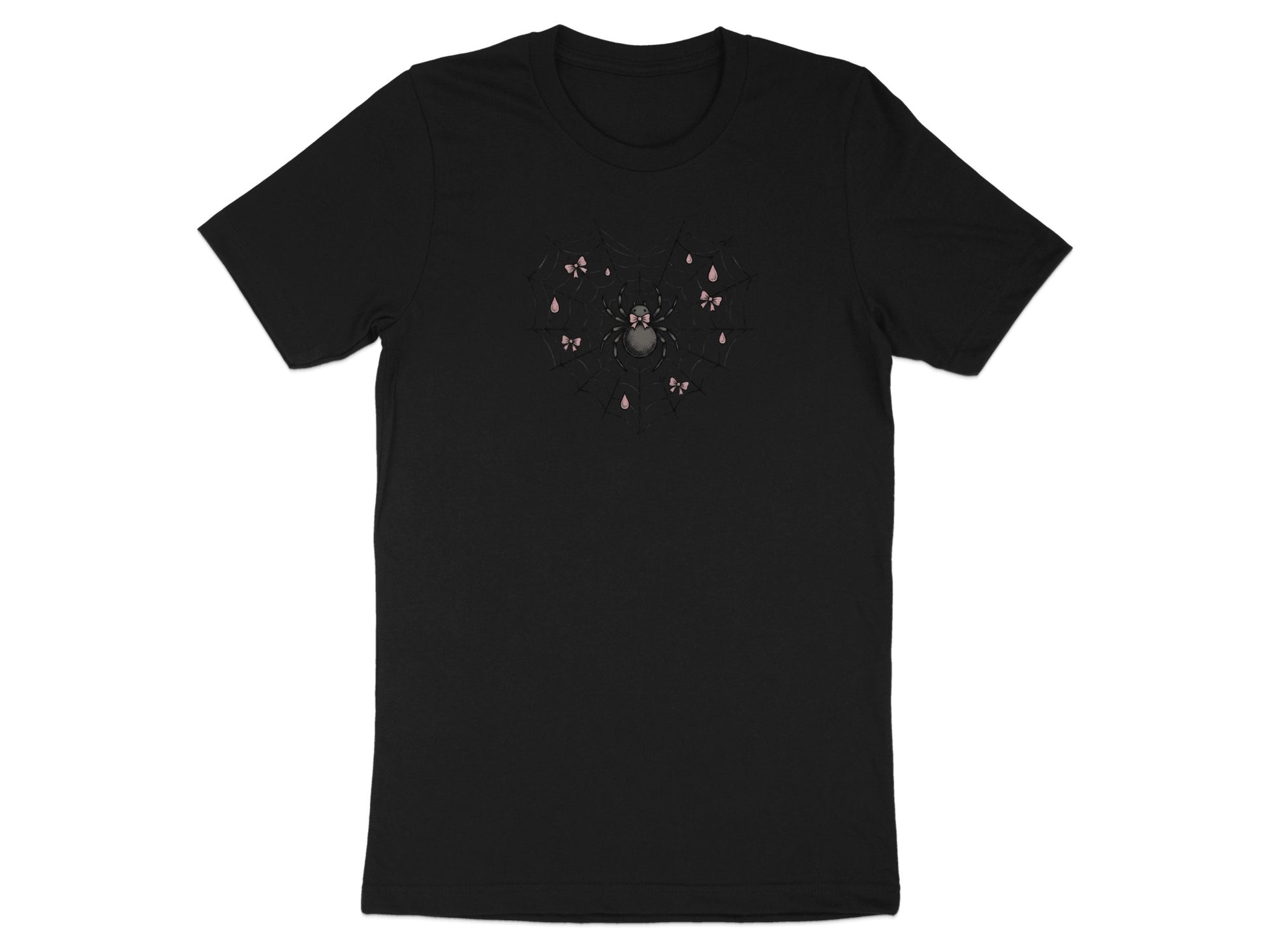 Black t-shirt with heart-shaped spider web, a spider, and pink bows and droplets.