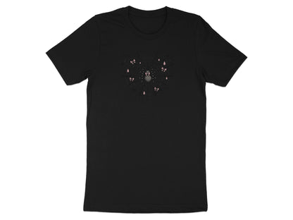 Black t-shirt with heart-shaped spider web, a spider, and pink bows and droplets.