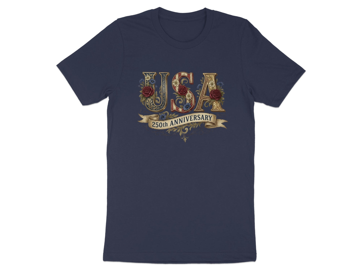 Navy t-shirt with "USA 250th Anniversary" text and floral embellishments.