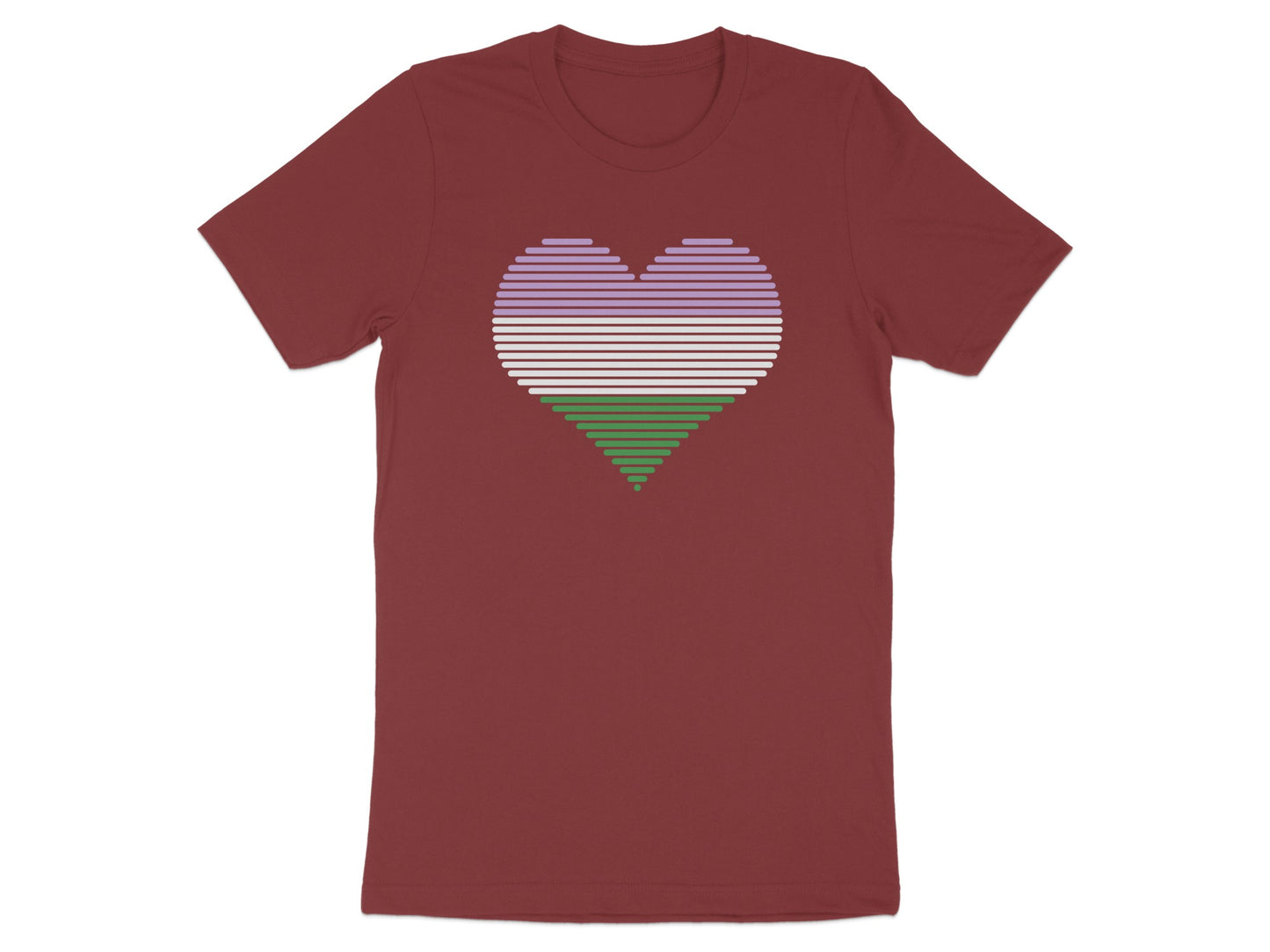 Maroon t-shirt with a horizontal striped heart in white, lavender, pale green, and white.