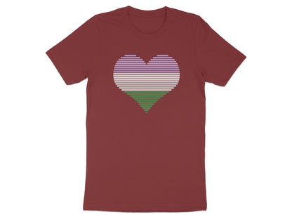 Maroon t-shirt with a horizontal striped heart in white, lavender, pale green, and white.