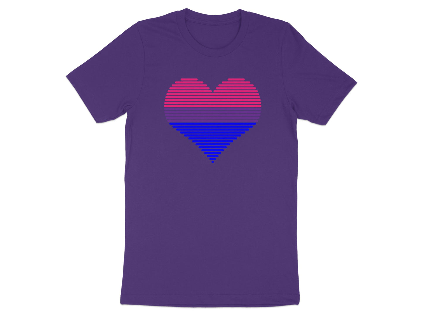 Purple t-shirt with a striped heart in bisexual pride colors.