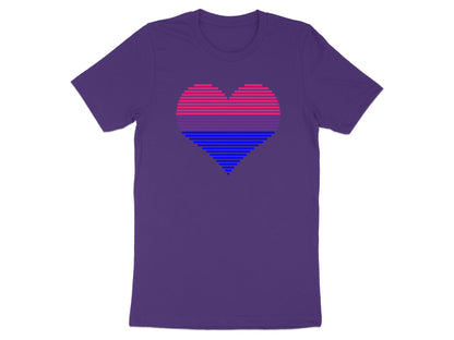 Purple t-shirt with a striped heart in bisexual pride colors.