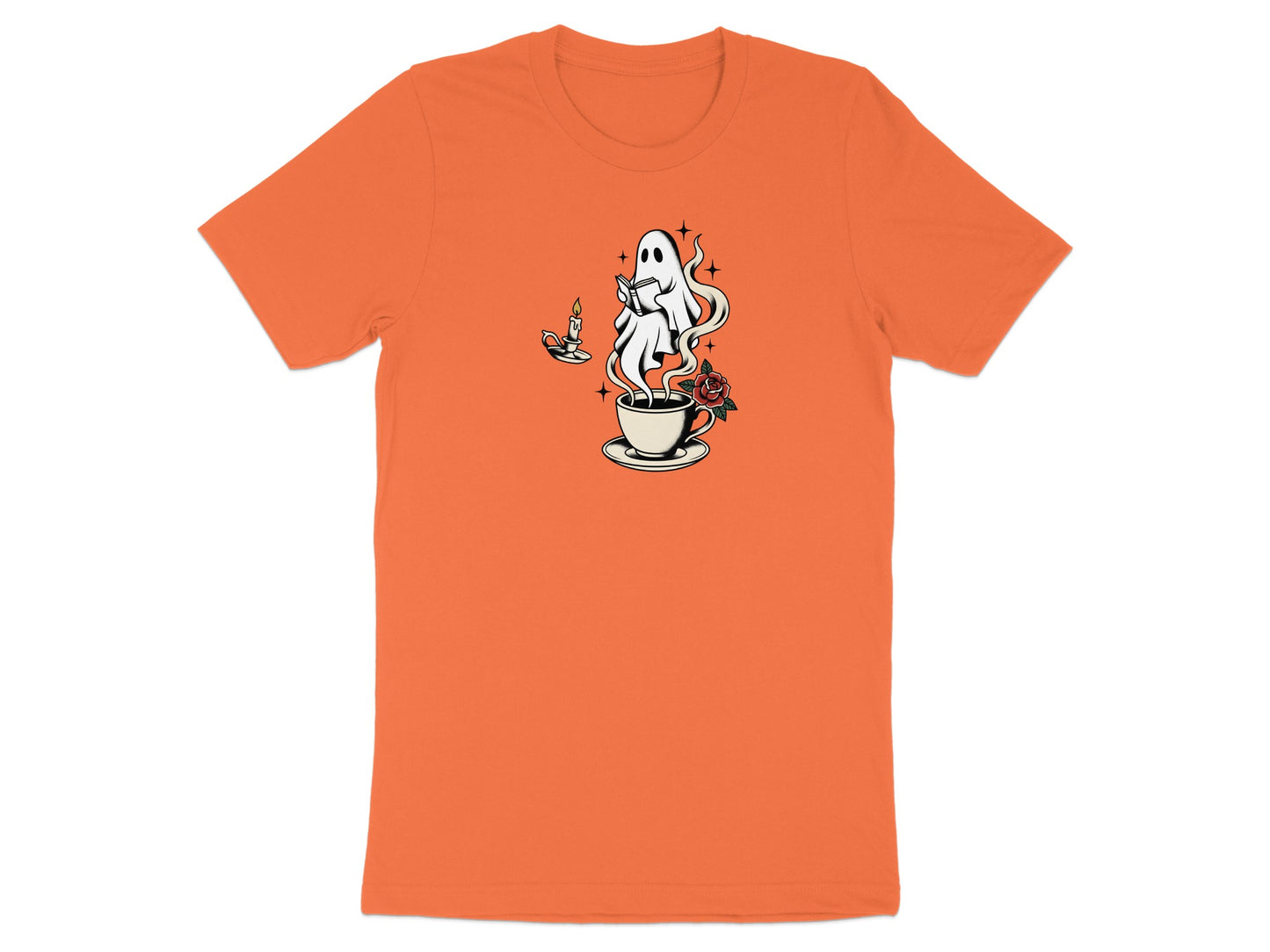 Ghost reads a book over a steaming cup of coffee with a candle and rose.