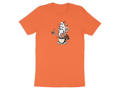 Ghost reads a book over a steaming cup of coffee with a candle and rose.
