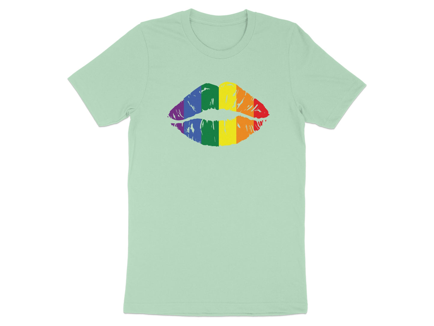 Rainbow-striped lips graphic on a light green t-shirt.