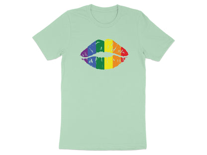 Rainbow-striped lips graphic on a light green t-shirt.