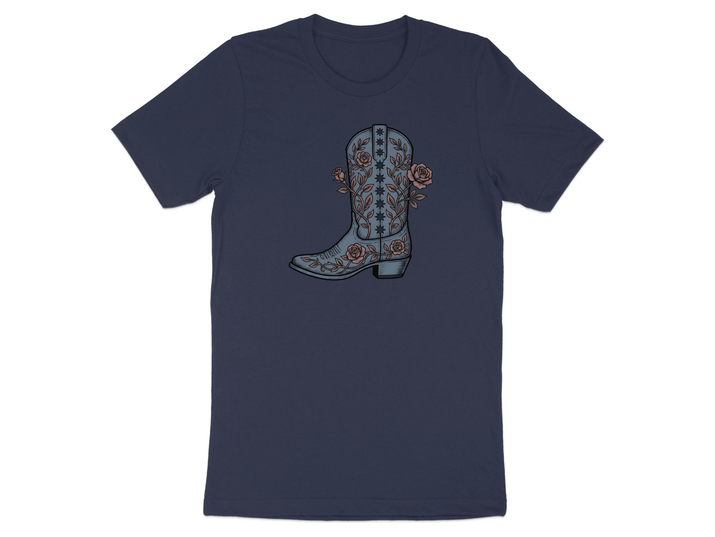 Dark blue t-shirt with a detailed western boot and rose design.