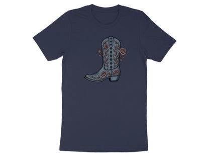Dark blue t-shirt with a detailed western boot and rose design.