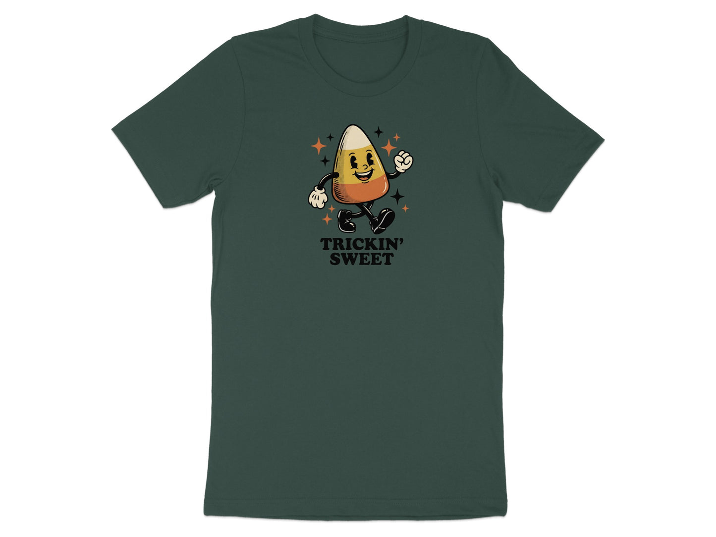 Green t-shirt with cartoon candy corn character and "Trickin' Sweet" text.