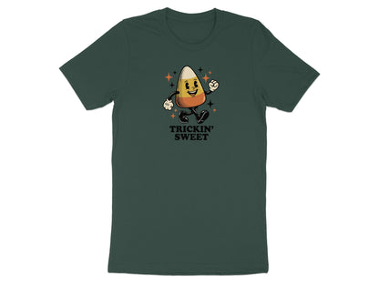 Green t-shirt with cartoon candy corn character and "Trickin' Sweet" text.